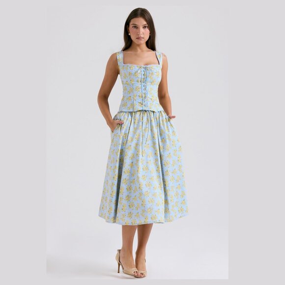 House of Cb Cora Gathered Lace-Up Skirt with Pockets Blue Size XS New With Tags - Picture 3 of 17